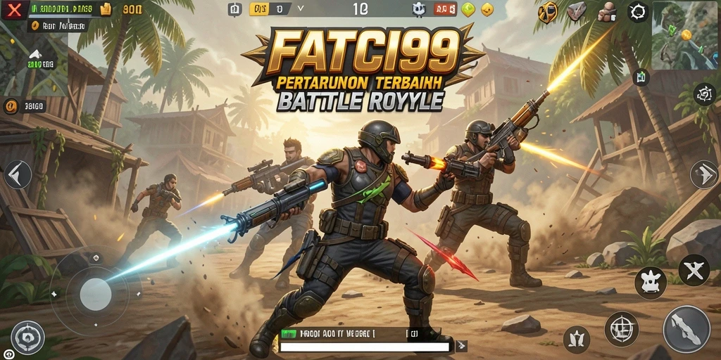 Tangkapan layar utama <strong>FATCI99</strong> menampilkan aksi seru dalam pertarungan Battle Royale.