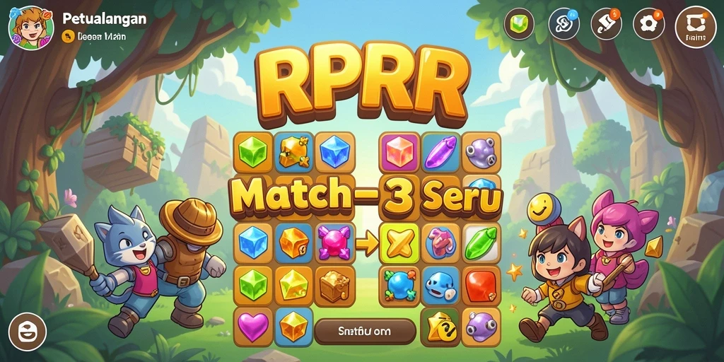 Screenshot utama RPRR menampilkan gameplay Match-3 yang seru dan penuh warna.