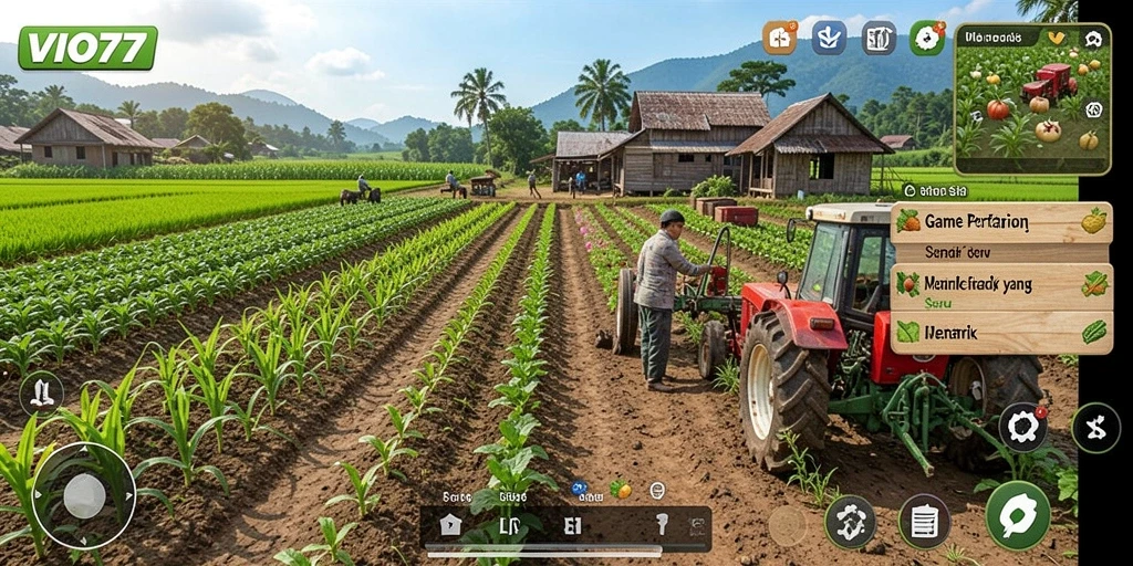 Tangkapan layar gameplay <strong>VIO77</strong> yang menampilkan ladang pertanian yang asri.